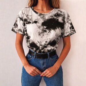 Zara Marbled Tie-Dye ShortSleeve T-Shirt Medium Crew Baby Tee White Black